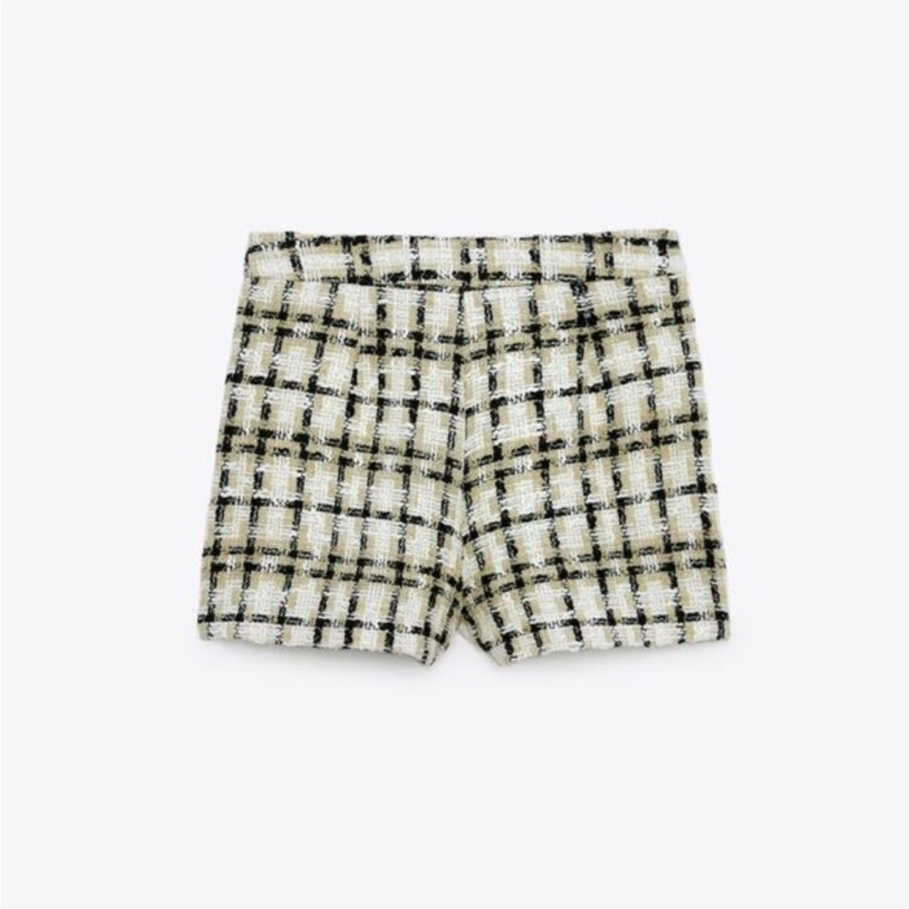 New Zara Highrise Plaid Tweed Cream, Beige & Black Shorts Size Extra Small - Picture 6 of 14